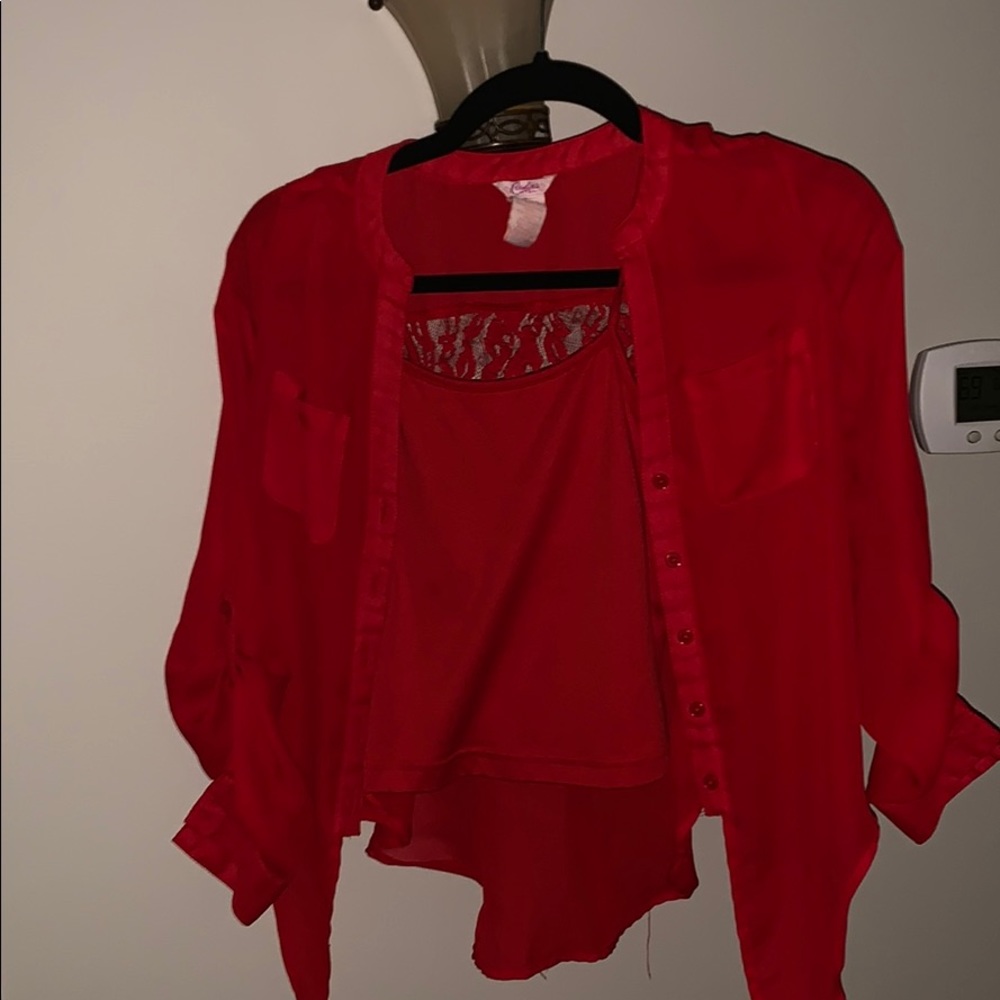 red layer shirt, red cropped, light sheer cover